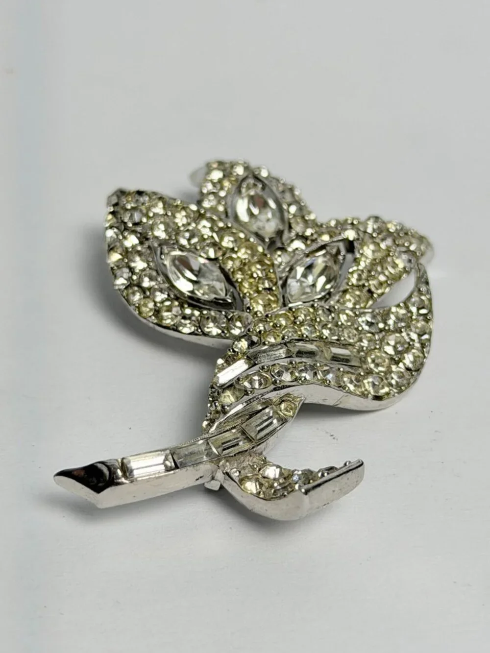 Vintage PELL Rhinestone Floral Spray Brooch 3in Silver Tone Baguette Marquise